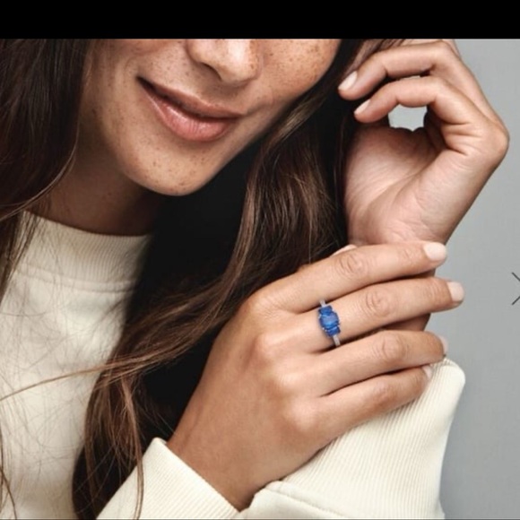 Blue Rectangular Three Stone Sparkling Ring US8 - Picture 3 of 12